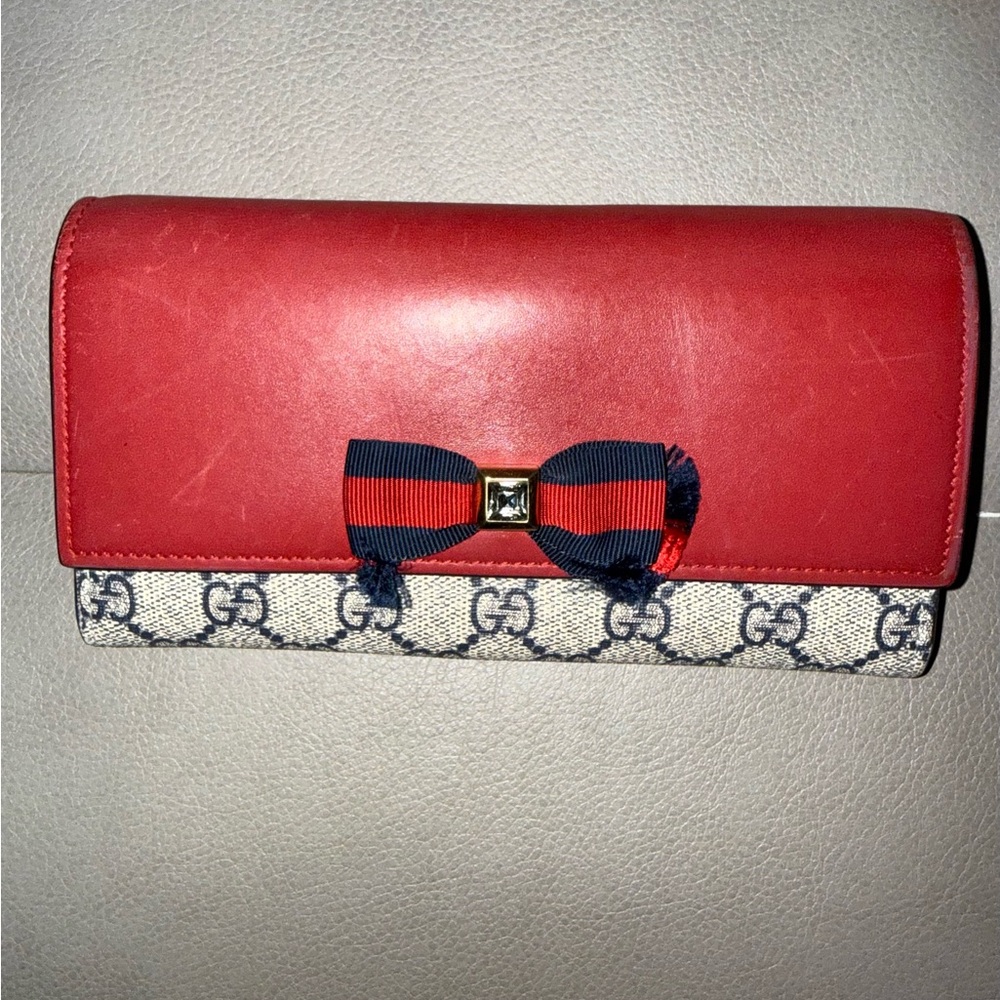 Gucci Red Leather Wallet with Navy-Red Bow and GG Canvas Trim